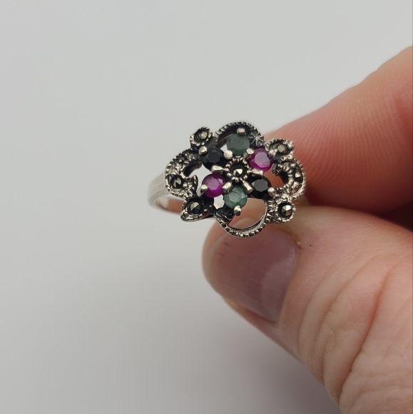 Jewelry - Incredible multistone ring with emerald, sapphire, ruby, and marcasite